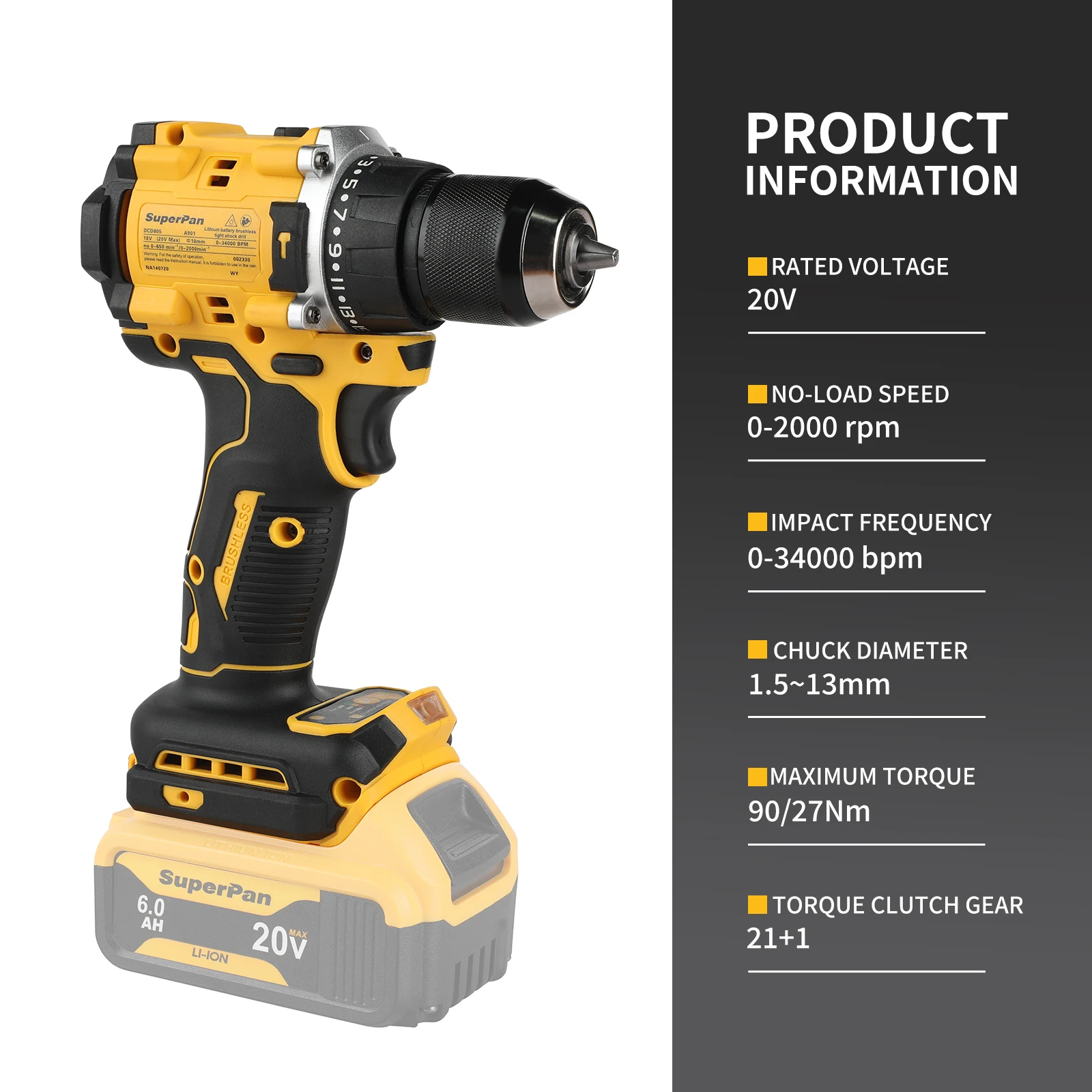 Superpan Pro-Grade SP805 20V Brushless Cordless Drill - Ergonomic Handle, 55mm Wood Drilling & 13mm Chuck with LED Light