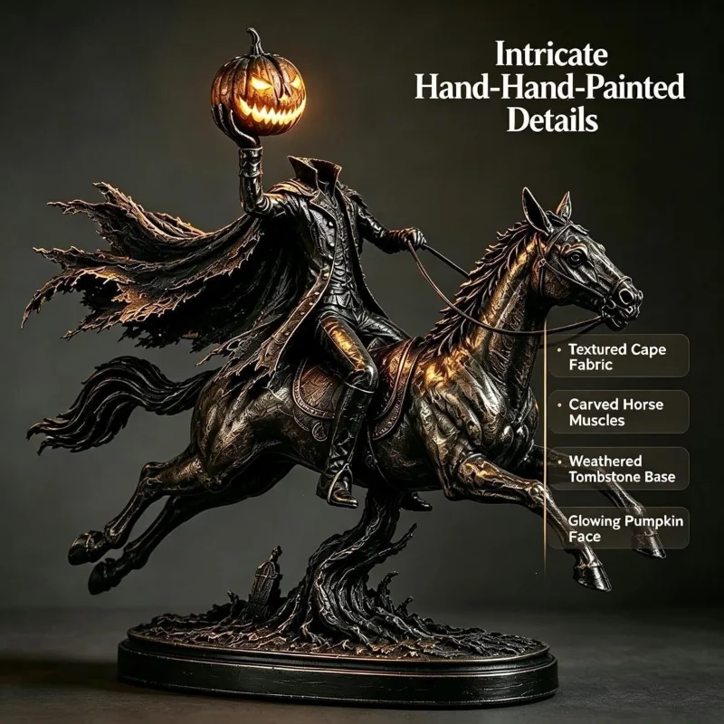 Kopflose Reiterstatue mit warmen LED-Lichtern, im gotischen Stil, Halloween-Dekoration für Kaminsims, Schreibtisch, Tisch, Zuhause, Zimmer, Ornamente und Dekorationsartikel. – Detail 4