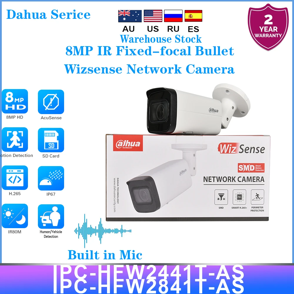 Dahua Serice 4K 8MP IPC-HFW2841T-AS IP Camera Fixed-focal Bullet WizSense POE Build MIC IR 80m IVS SMD Video Surveillance