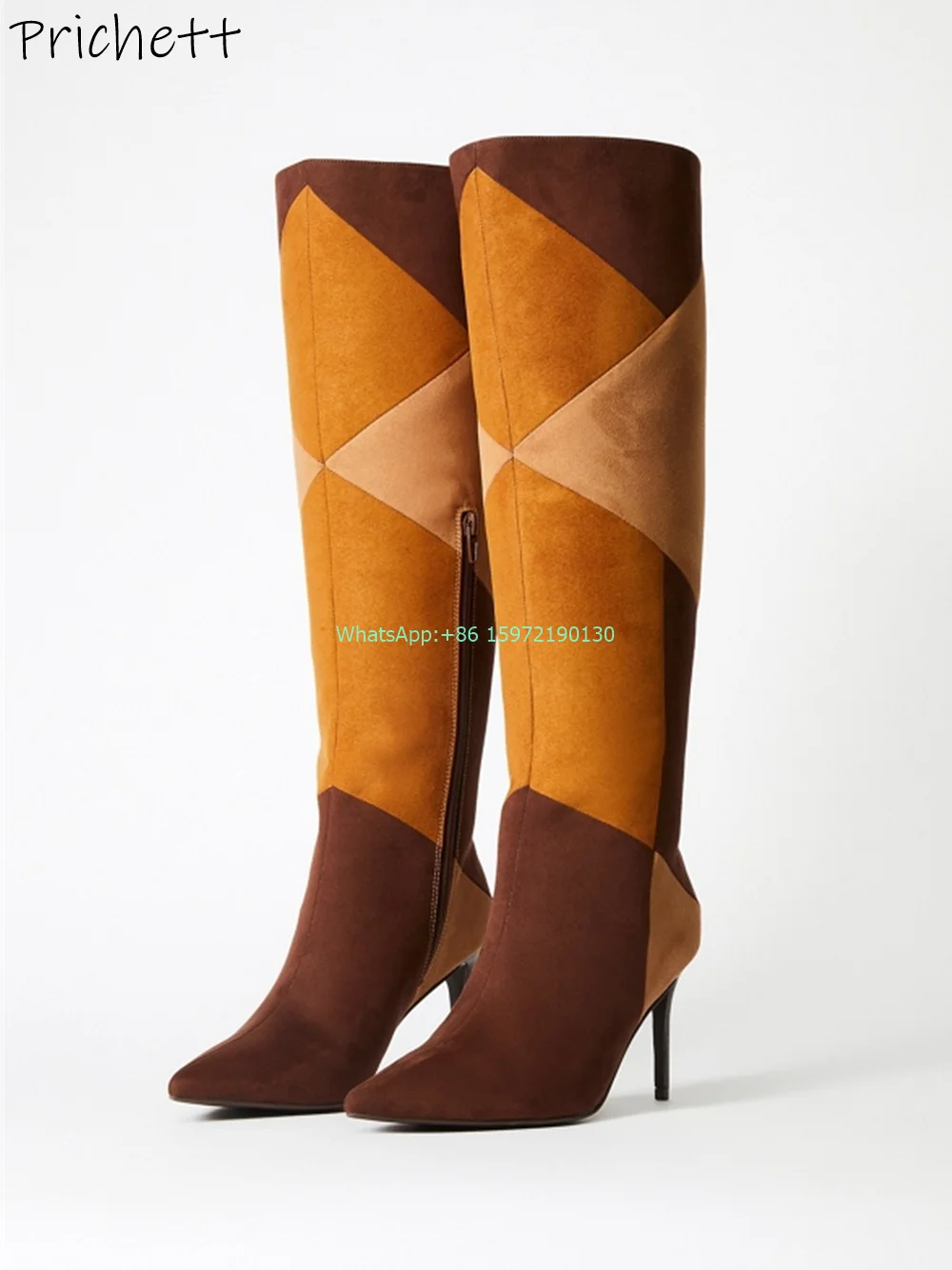 Brown Orange Mixed Color Boots Pointy Toe Thin Heels Zipper Niche Knee High Boots Women's Fashion Street Photo Runway Boots