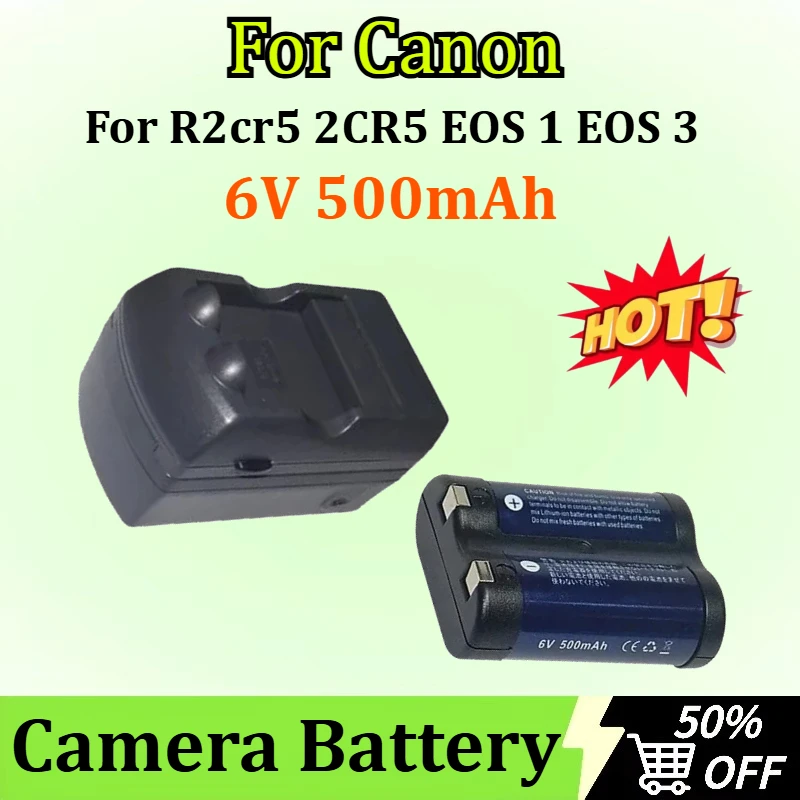 

New 6V 500mAh Battery for Canon R2cr5 2CR5 EOS 1 EOS 3 Rechargeable Lithium Film Camera Black/White Batteries + Charger