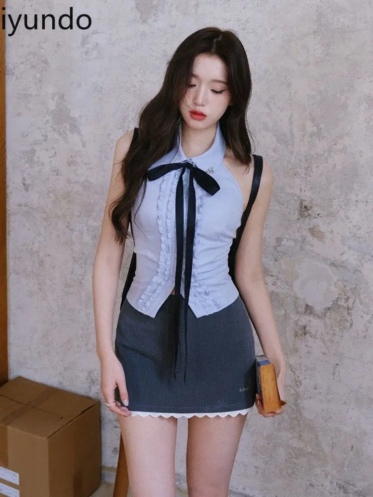 Blue Lace Crop Top Tie-Front Design + Gray Off-Shoulder Bodysuit Sweet & Spicy Cute Two-Piece Collegiate Style Girls' Outfit