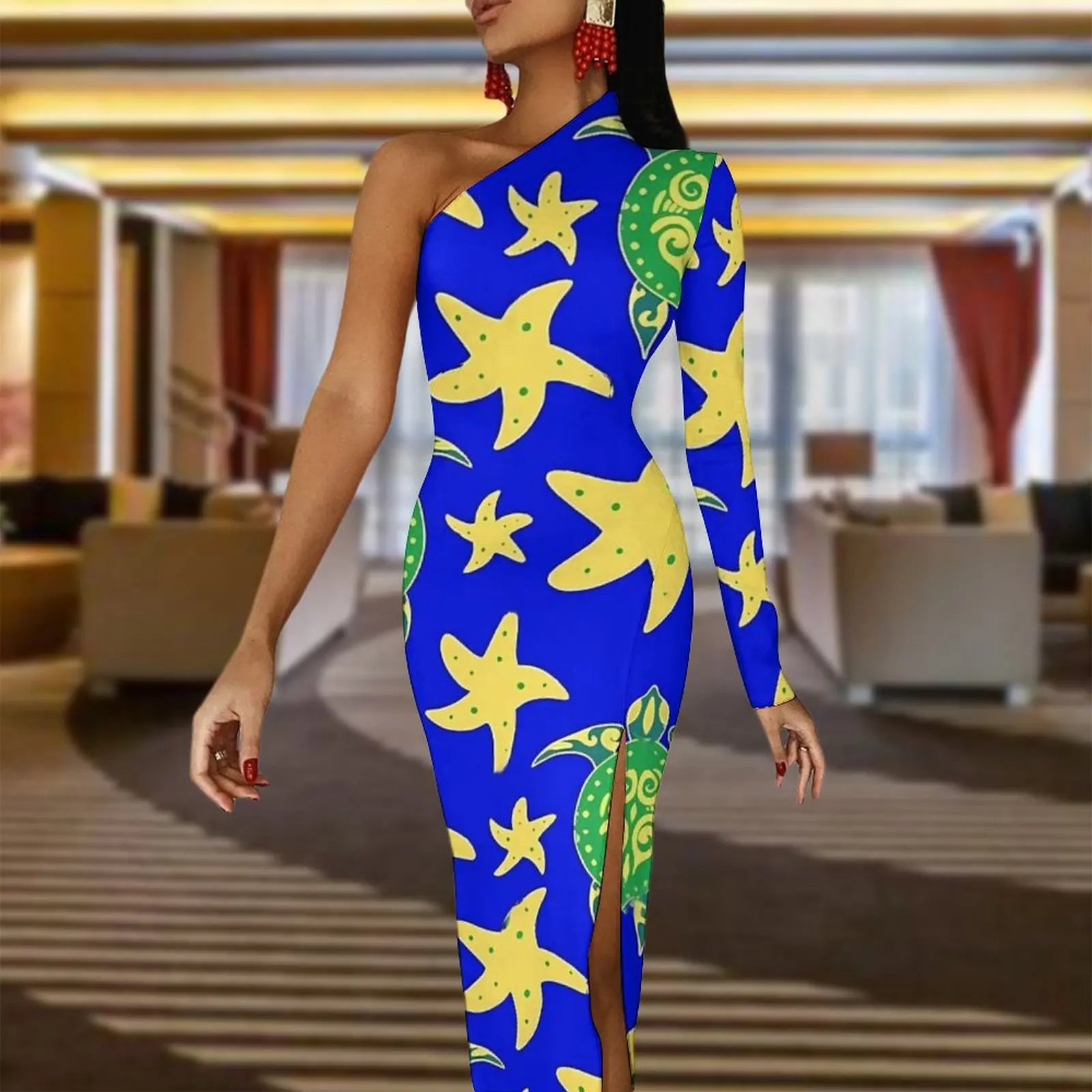 Swimming Turtles Maxi Dress Long Sleeve Starfish Print Party Bodycon Dresses Spring Elegant Dress Women Custom Vestidos