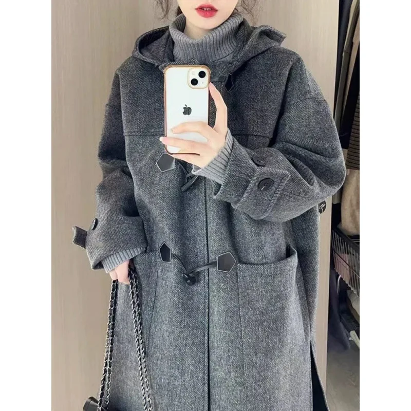 

Elegant High-End Korean Style FeelGreyHorn Buttons Woolen Coat Medium-Length Autumn Winter Loose-Fit Jacket For Women