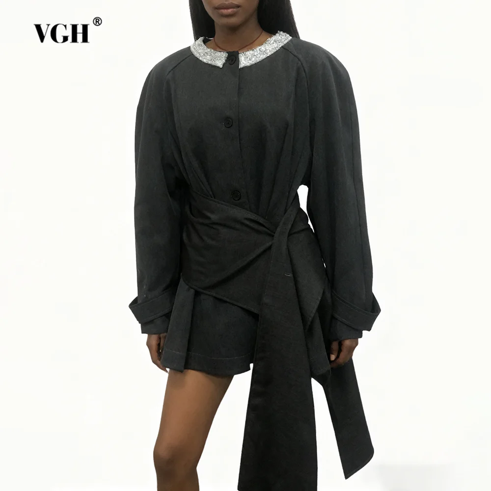 

VGH Design Sense Свободные однотонные пиджаки для женщин с круглым вырезом и длинными рукавами, осенняя повседневная куртка на пуговицах, женский модный стиль