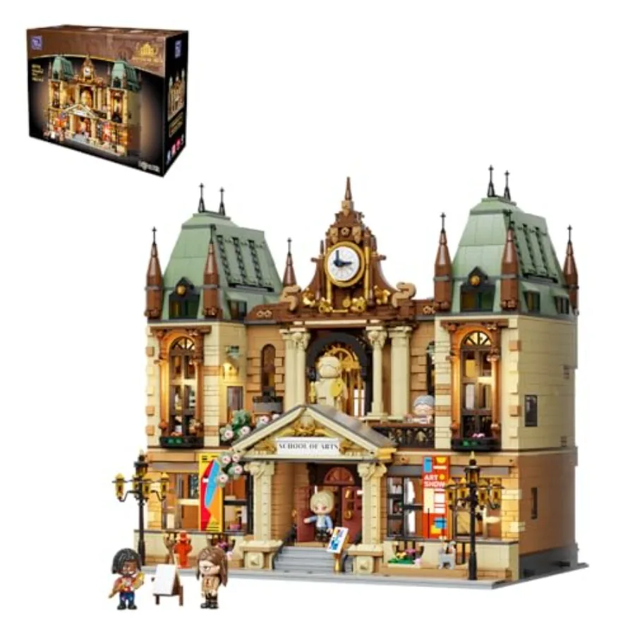 

Набор для сборки здания художественной школы с подсветкой, в европейском стиле, модульная уличная архитектура, 3-уровневая детализированная внутренняя система LED-освещения