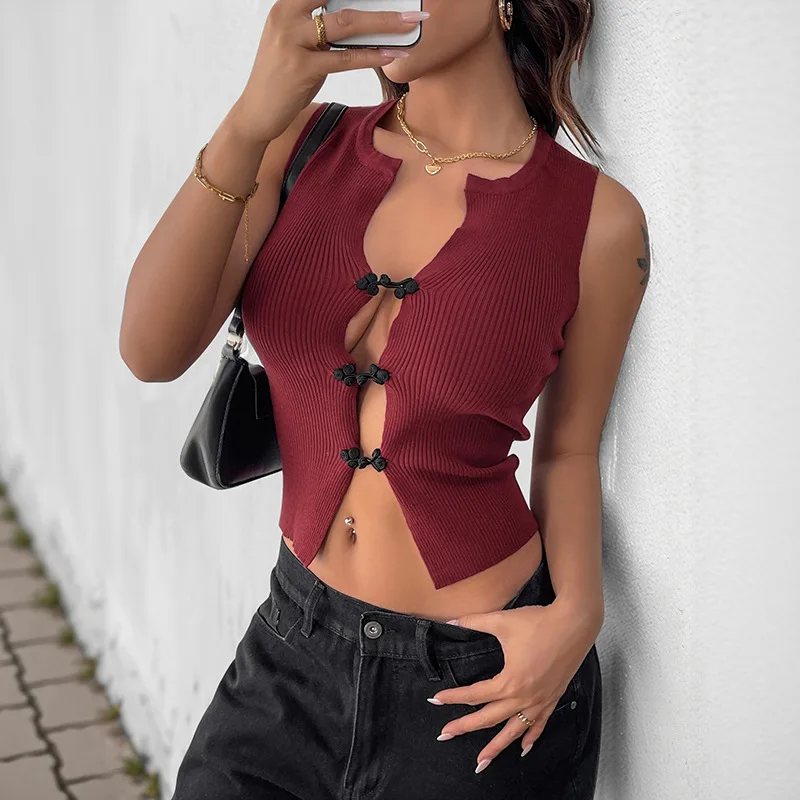 Zomer sexy Spice Girl slank mouwloos vest nieuwe Chinese stijl gesp vetersluiting opengewerkte top