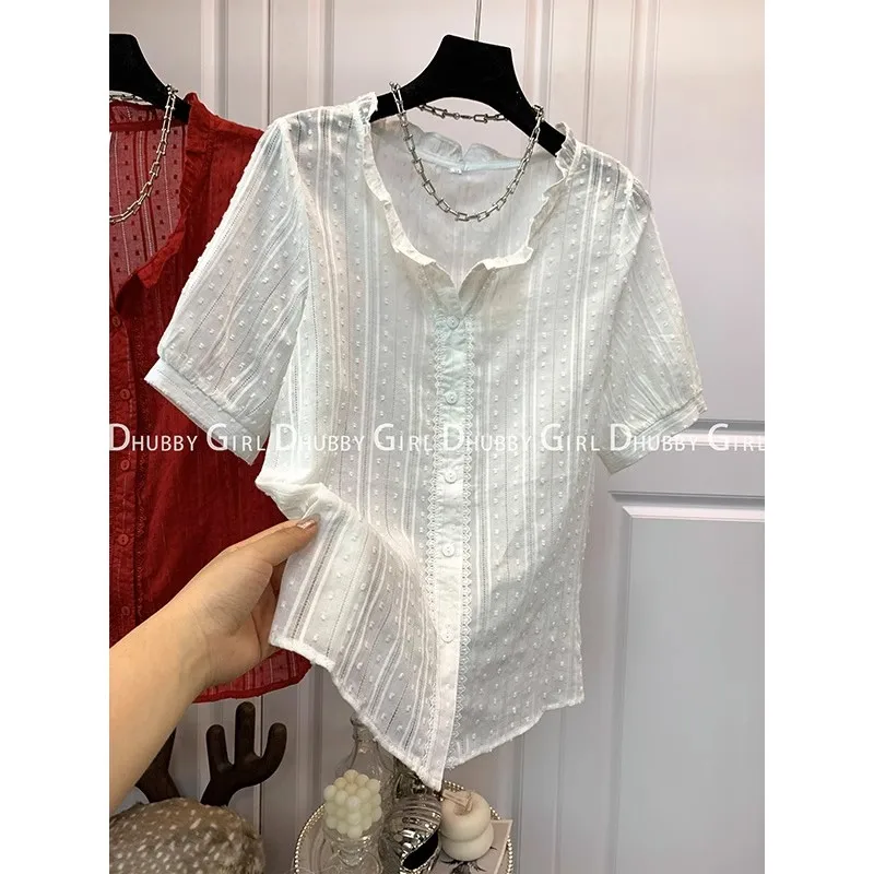 

White Casual Comfortable Basic Party High Quality Tshirt Tees Women Buttons 2023 Summer Short Sleeve Korean Fashion Ladies