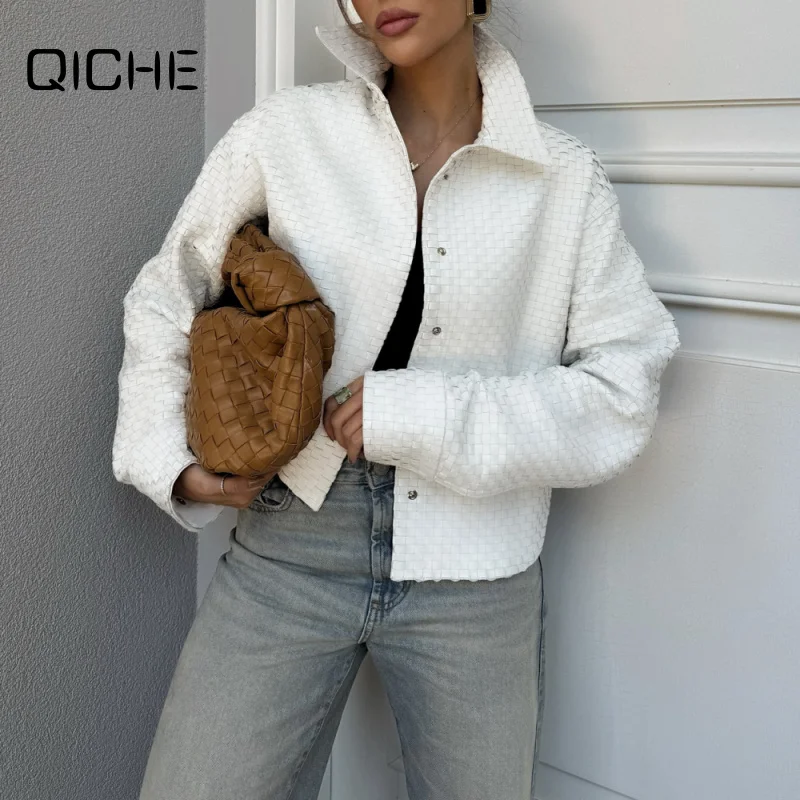 QICHE Women 2026 Autumn European‑Style White Woven‑Texture Cropped Jacket Lapel Single‑Breasted Loose Drop‑Shoulder Long‑Sleeve
