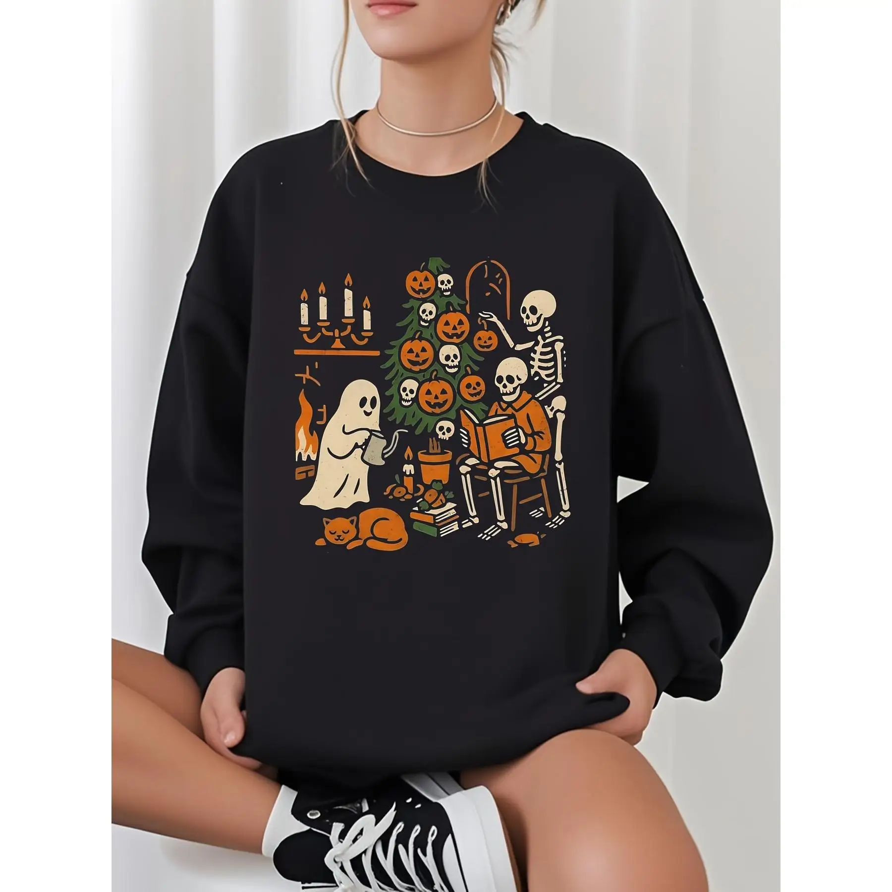 

Halloween Skeleton Ghost Cat Reading Book Sweatshirt Gothic Horror Funny Crewneck Pullover Y2k Aesthetic Fall Outfit