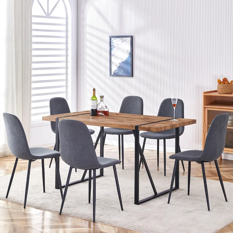 

Dining Table Set for 4，Dinner Table for 6，55'' Kitchen and Suede Nap Fabic Chairs Set of 6，7 Piece Dining