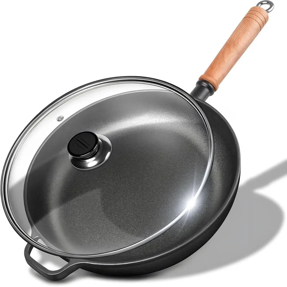 

12 Cast Iron Skillets with Lid & Removable Wooden Handle, Pre-Seasoned Frying Pan for Stove, Oven, Grill & Campfire Cooking
