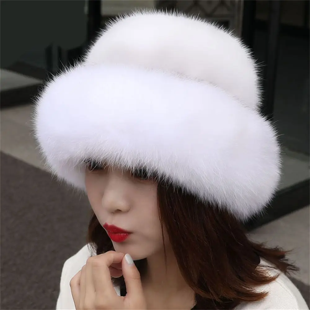 Hat Women Winter Warm Cap Fashion Princess Hat Warm Mink Fox Fur Hat ThickenedBeret Faux Fur Hat Furry Fleece Thickening Caps