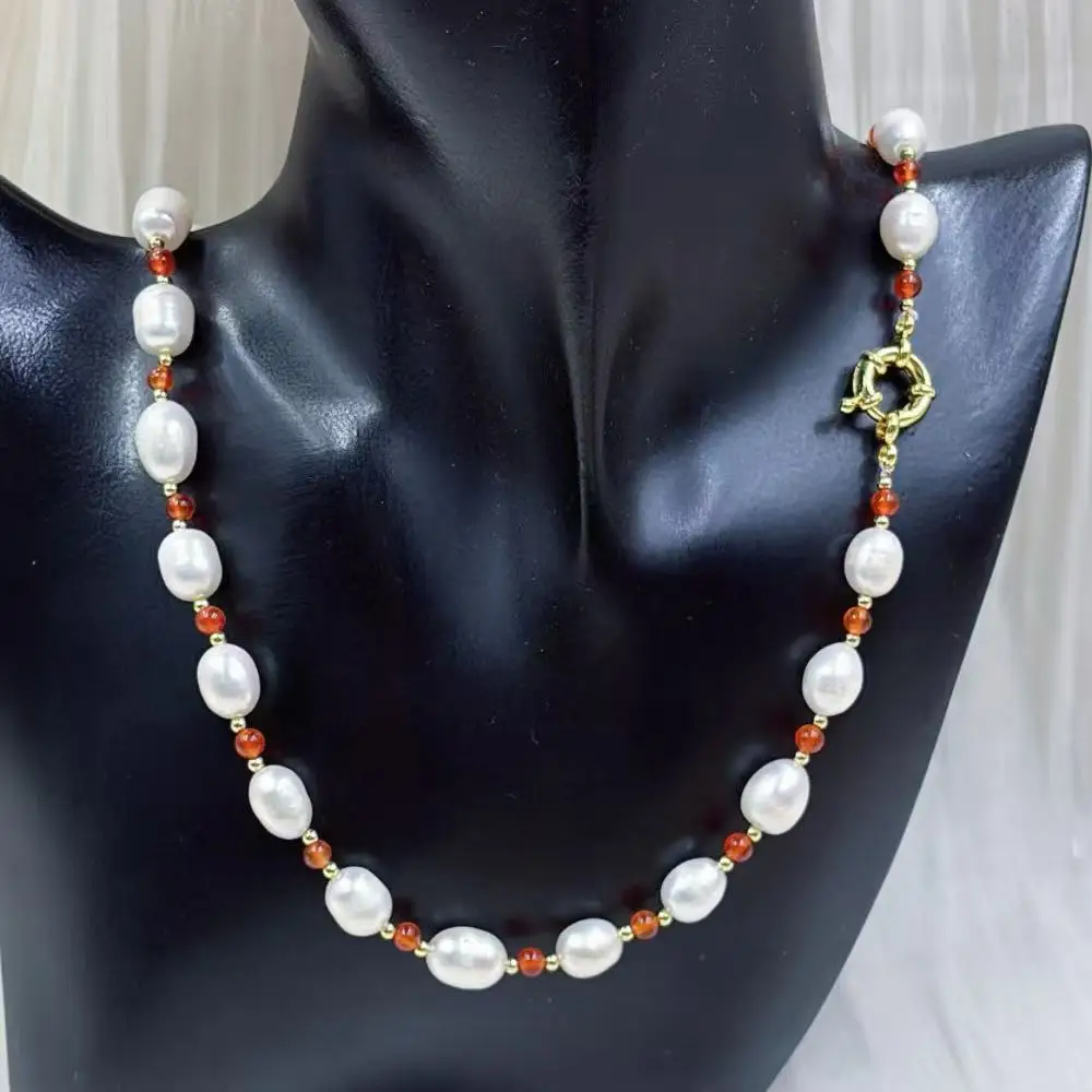 Nice Wedding Elegant Jewelry Gift Red Aagte White Natural Freshwater Olivary Pearl Chokers Necklace