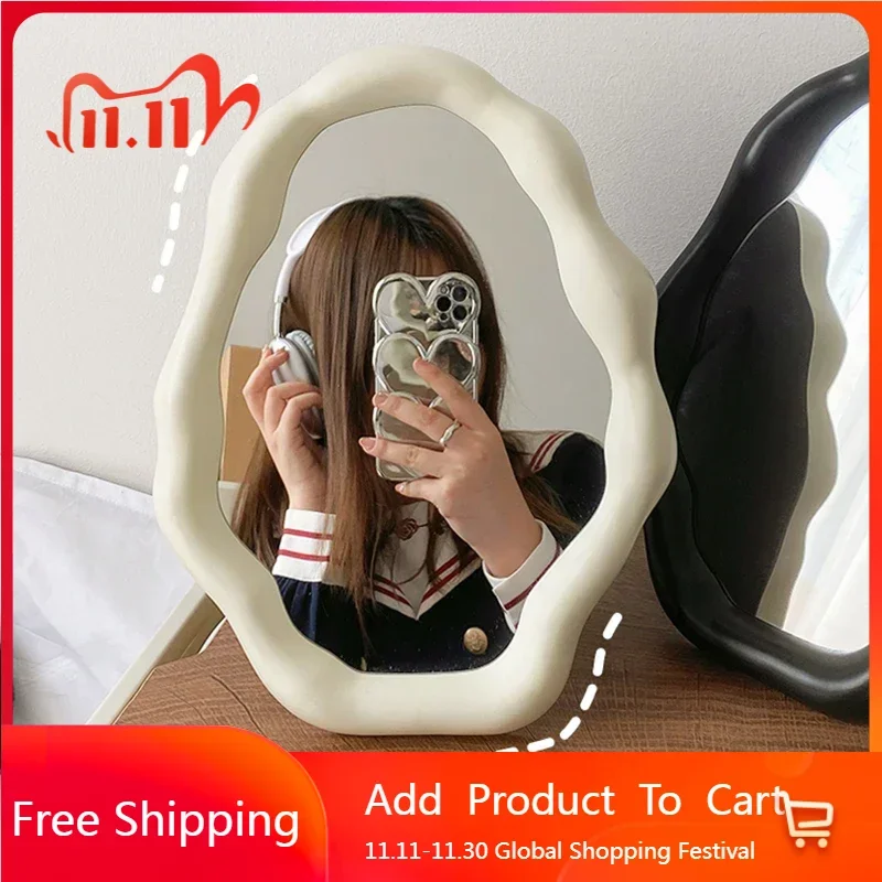 

Girls Wavy Mirror Items Vanity Shower Bedroom Luxury Cosmetics Barber Mirror Asymmetrical Spiegel Wand Living Room Decorations