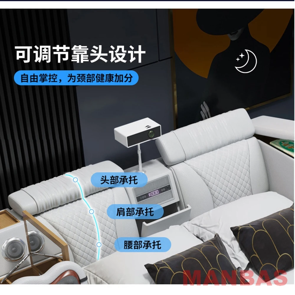 MINGDIBAO Tech Smart Bed - Genuine Leather Upholstery, Multifunctional Bed Frame, Massage, Speaker, Projector and Air Purifier