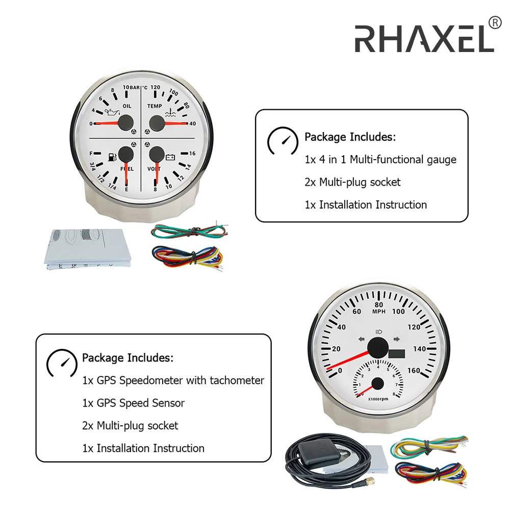 RHAXEL 110mm Car Speedometer 120 KM/H MPH 200KM/H 160MPH GPS with Tachometer Fuel Level Water Temp. Oil Press 0-10Bar Volt 12V