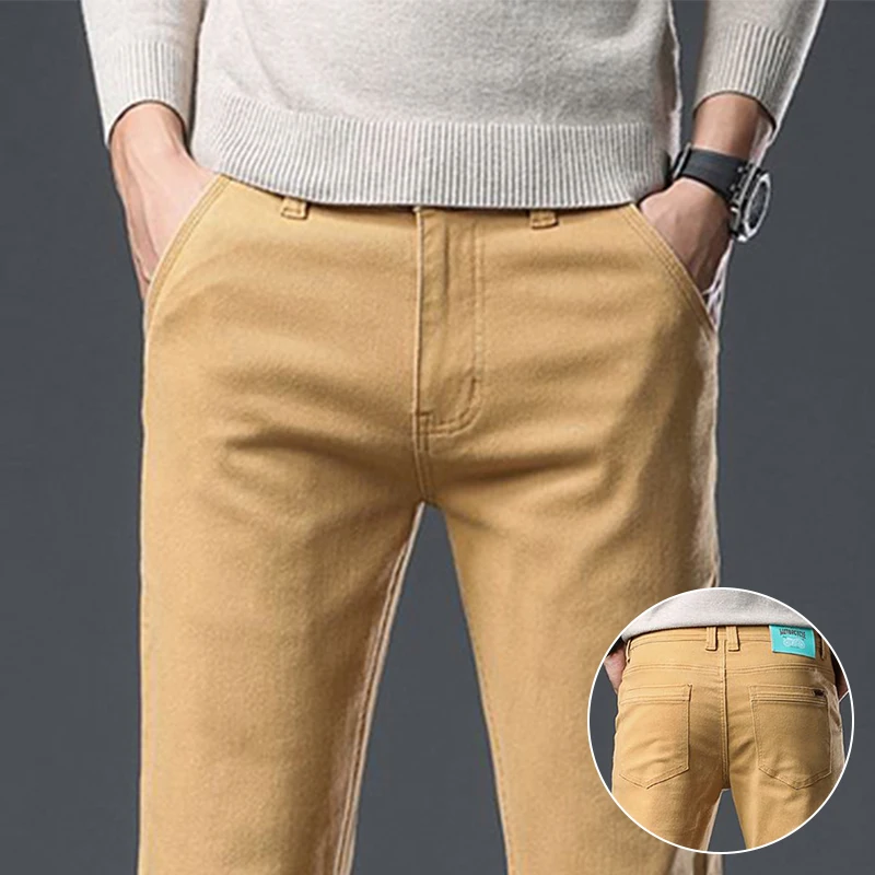 Мужские осенне-зимние новые повседневные эластичные джинсы, мужские свободные прямые джинсовые брюки больших размеров, модные облегающие глиняно-желтые брюки