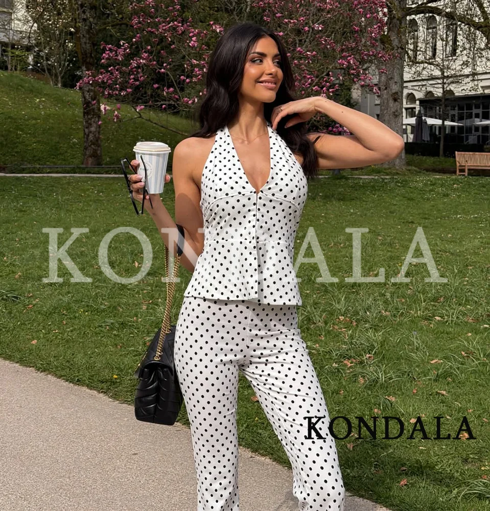 KONDALA Einzigartiges Schickes Polka-Dot-Hosen-Set für Damen – High-Street-Mode Halter-Top, schmal geschnittene Schlaghose – Sommer-Urlaubs-Set für Damen 2026