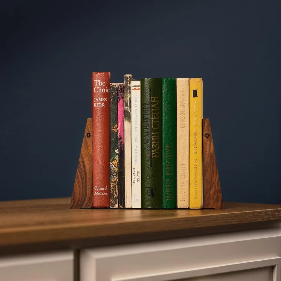 Sujetalibros de nogal para estantes, extremos de libros de madera para estantes, soportes para libros resistentes, tapones con Base de Metal para estanterías Slick Dec