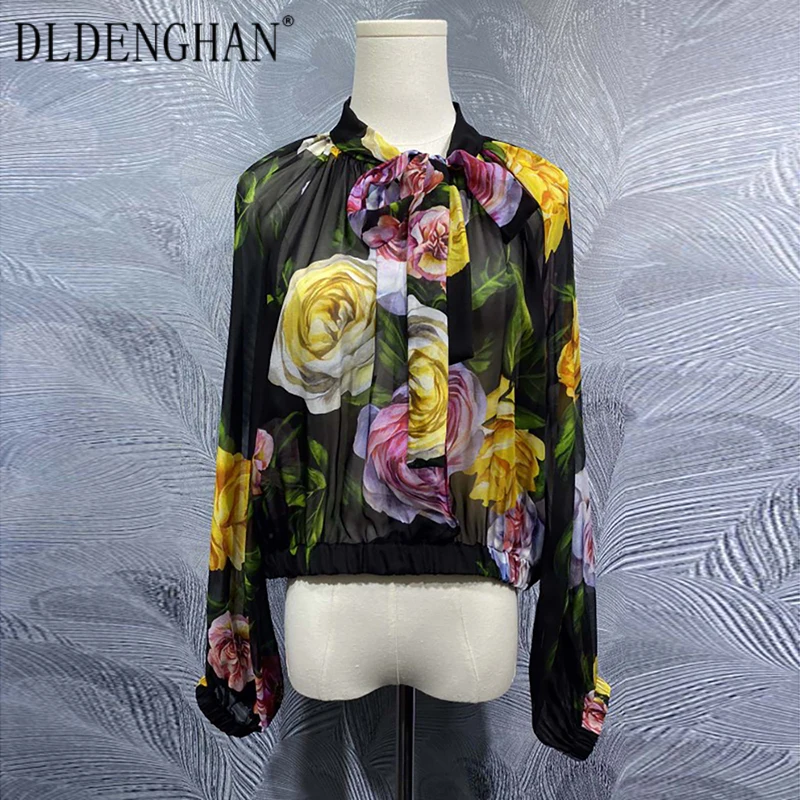 DLDENGHAN Rose Flowers Print Silk Tops For Women Lace-up Collar Lantern Sleeve Office Lady Shirt Fashion Designer Spring New