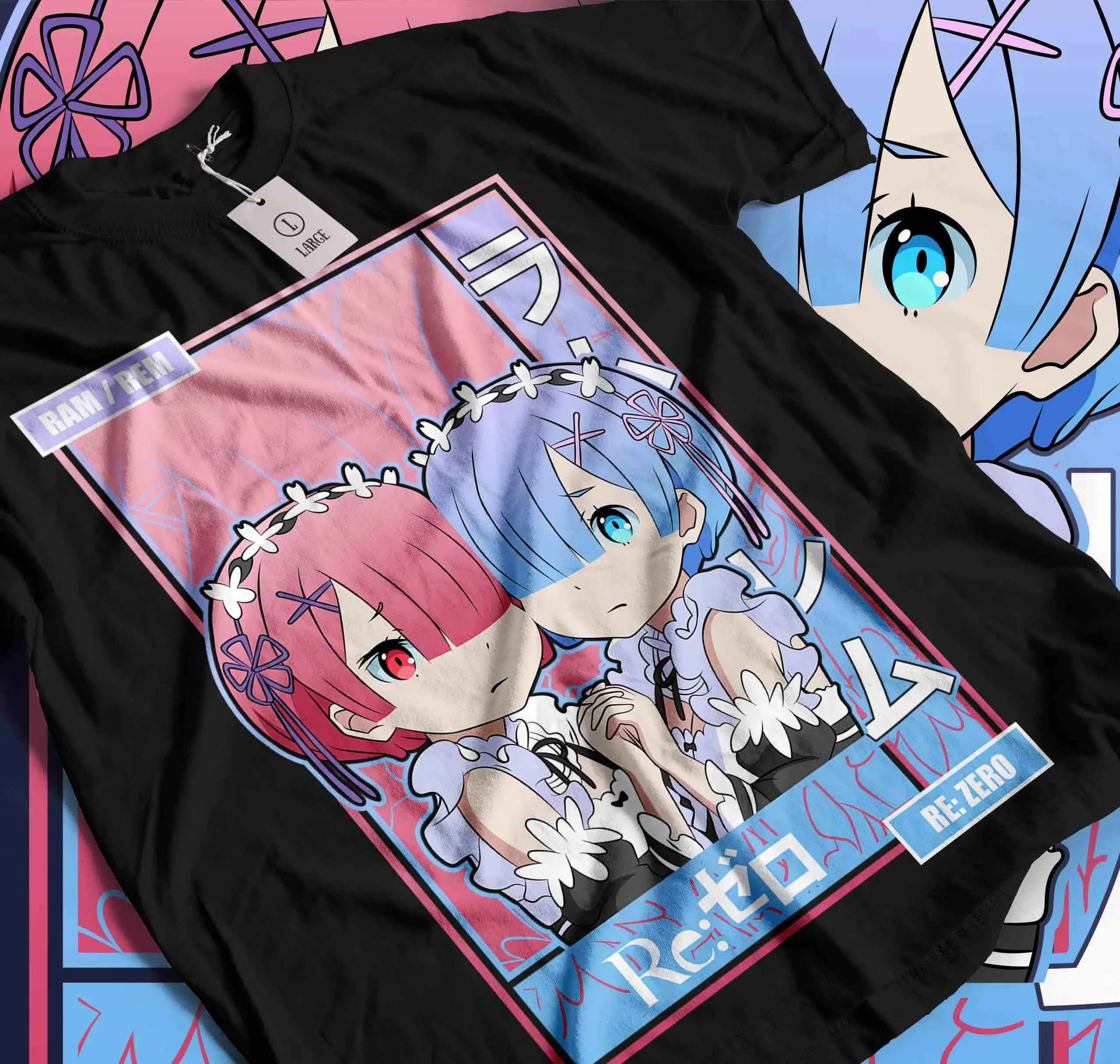 Camiseta de Algodón con Estampado de Anime Re:Zero Rem Ram, Talla Grande, para Hombre, Verde Oscuro, Estilo Casual de Verano, con Texto Japonés