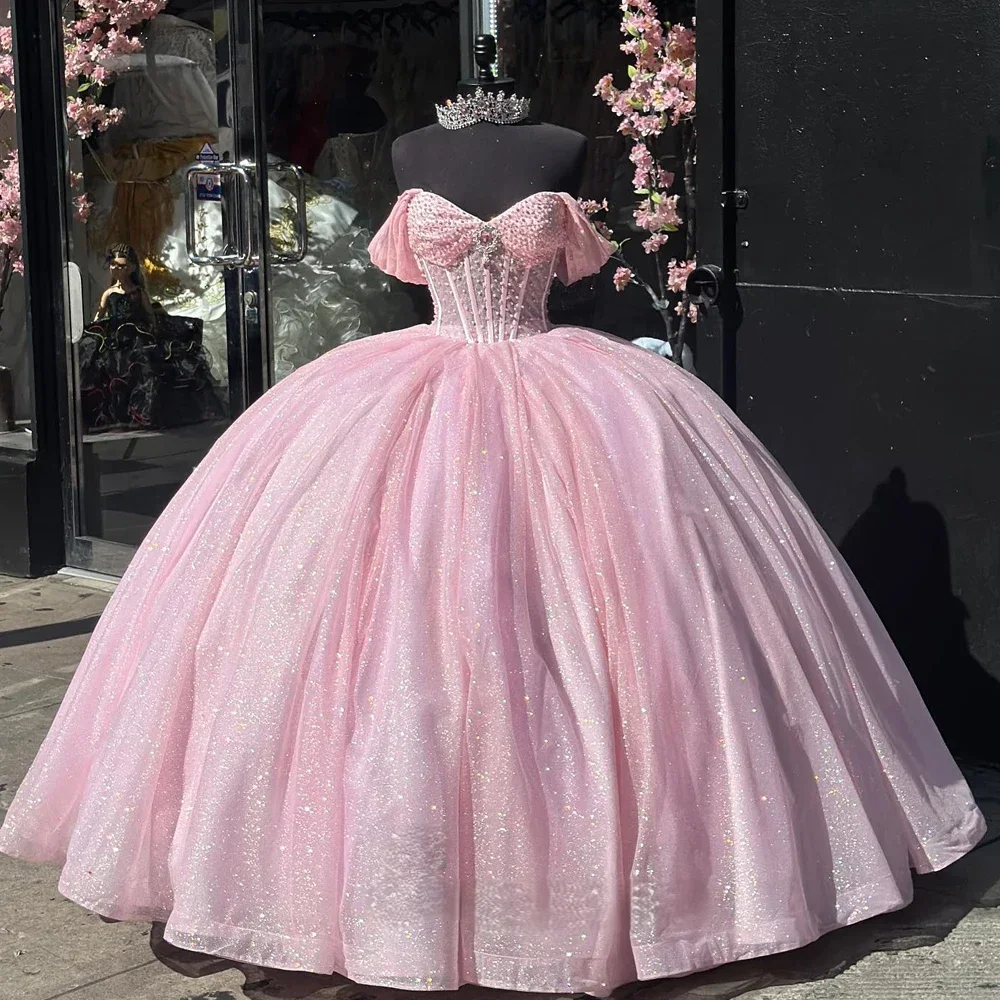 

Sparkling Sweetheart Bridal Ball Dress Girls' Dress Off Shoulder Wrinkled Puff Skirt Tulle Pearl Tight corset Customized