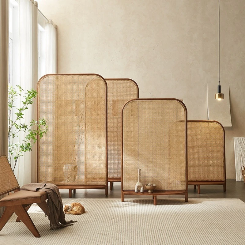 Nordic solid wood rattan screen partition living room bedroom mobile entrance blocking simple modern storage seat