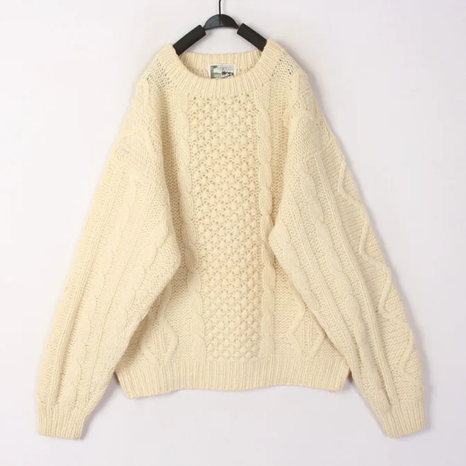 

Vintage Autumn Winter White Knitted Woolen Sweater Cardigan Bean ape 3D Crochet Hollow out Design Overhead Warmth