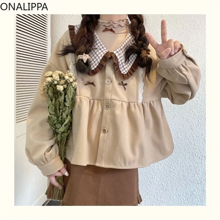 Onalippa Contrast Wood Ear Hem Womens Tops Peter Pan Collar Patchwork Blouse Korean Chic Design Preppy Style Camisas De Mujer