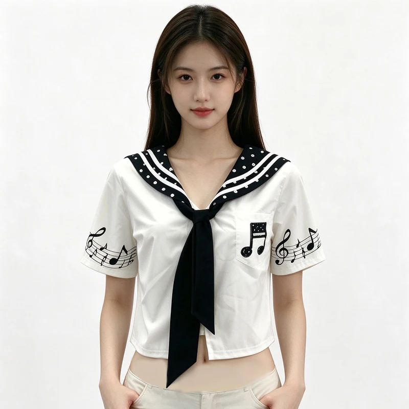 Japanese polka-dot sailor collar short sleeve shirt embroidered blouse with black bow tie JK shirt Ins Style