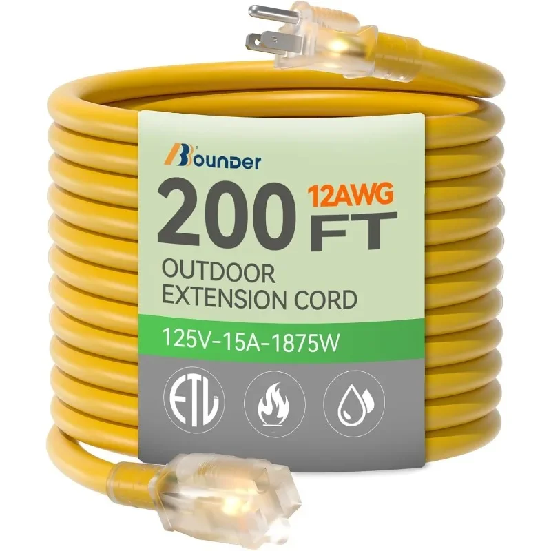 home.12 Gauge Extension Cord 200 FT with Lighted and Yellow Jacket, 15A 1875W Heavy Duty Outdoor Extension Cord Waterproof