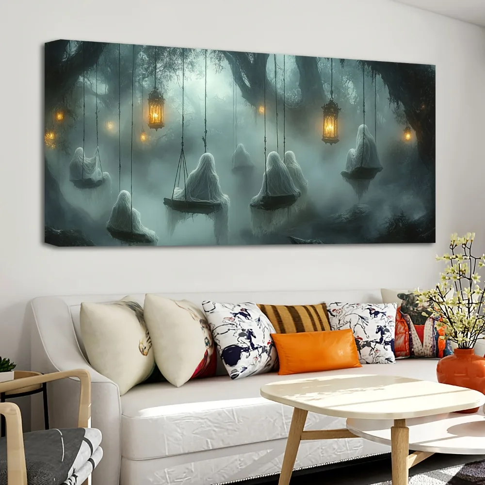 1.5 "chunky pine frame, Halloween mural pumpkin decoration, Scary Dark Forest HD canvas printing, interior decoration