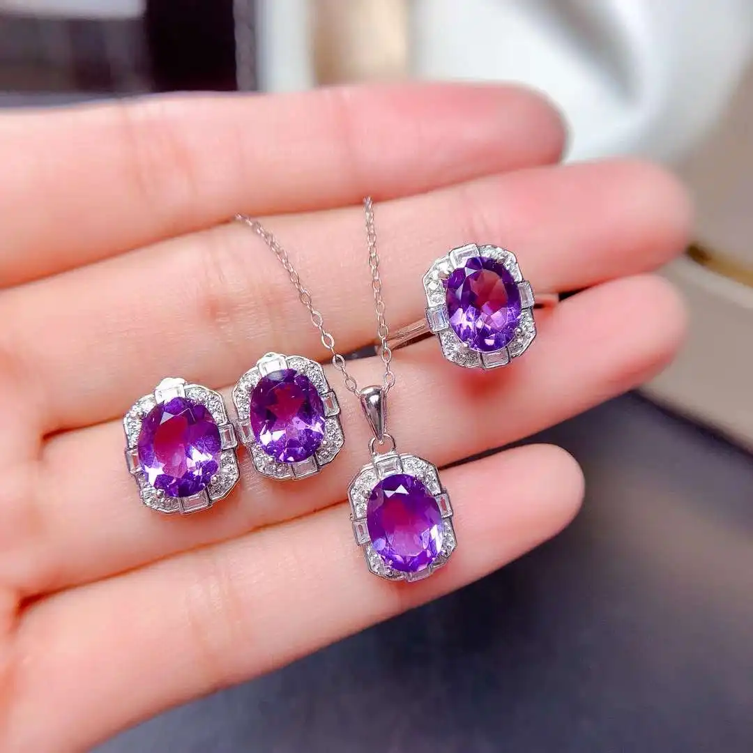 Pure Natural Amethyst Jewelry Set 925 Sterling Silver Classic Women Anniversary Jewellery set 1pc Ring,1pc Pendant,2pcs Earrings