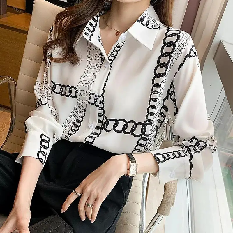 Casual Temperament Printing Single-breasted Blouse Women Classic Long Sleeve Office Fashion All-match Lady Chiffon Shirt