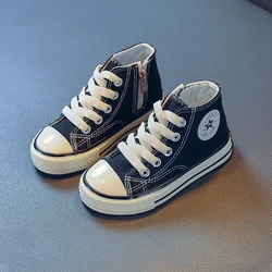 Children's Solid Color Canvas Shoes Sewing Thread Zipper Kids Fashion Round Toe Outdoor Soft Sole Simple Retro Style Shoes