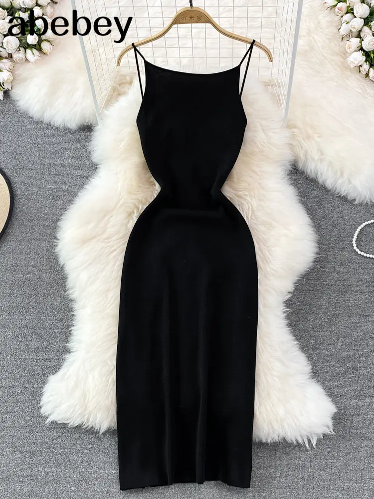 2023 Halter Summer Knit Sexy Strap Dress Women Tank Elatic Waist Bodycon Sundress Female Beach  Backless Long Dress