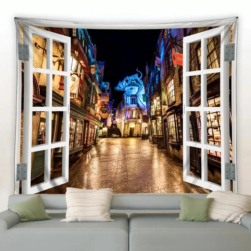 Diagon and Alley Tapestry Wall Hanging Fantasy Street Road Magic World Night Scenery Decor Tapestries for Bedroom Living Room