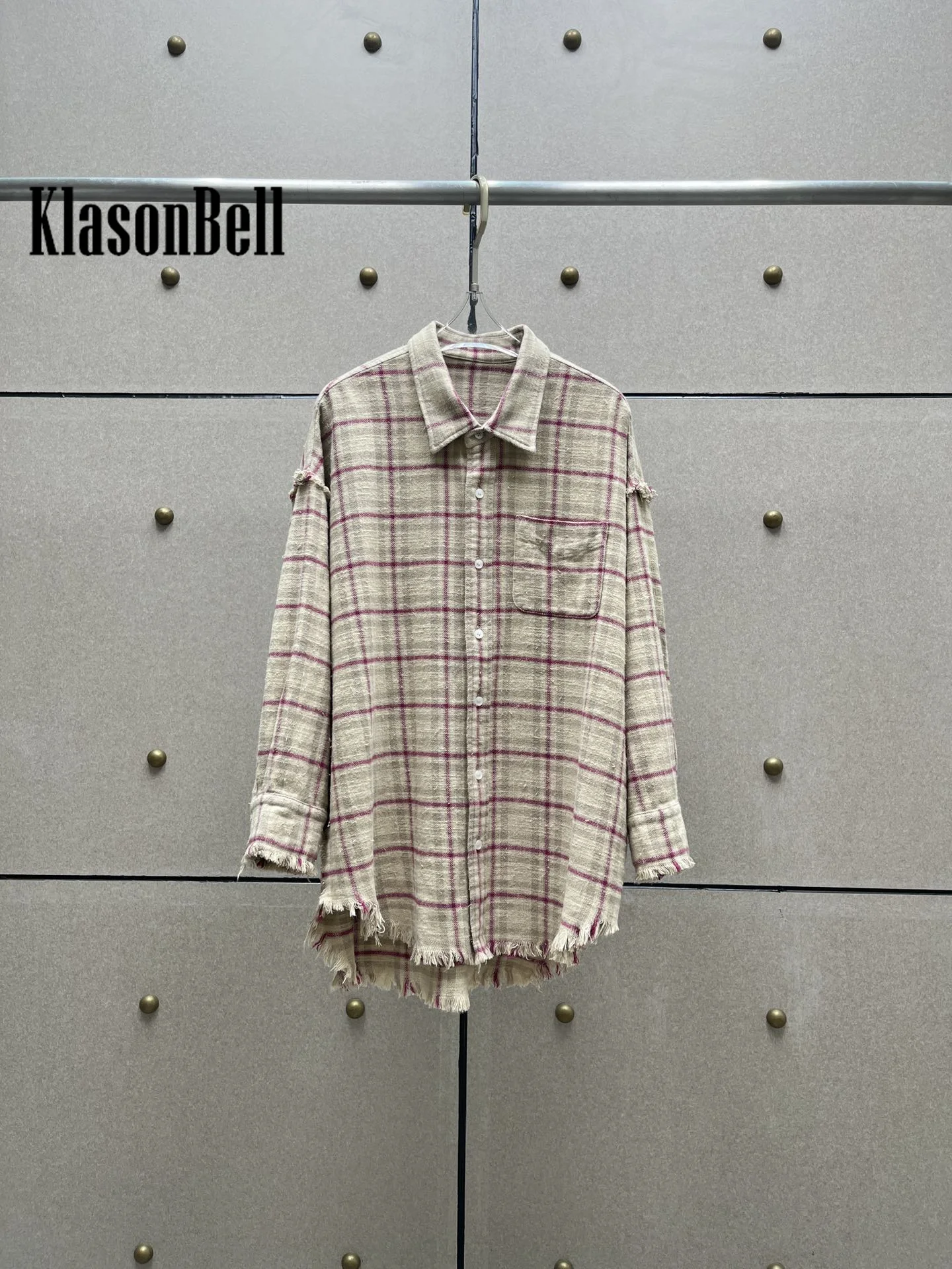 8.27 KlasonBell Women's Personality Cotton Plaid Print Hand Frayed Distressed Shirt Lapel Loose Long Blouse Streetwear Female