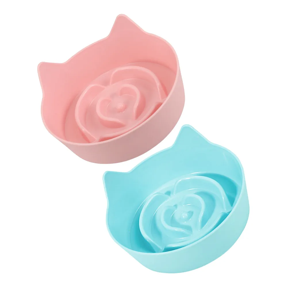2Pcs Cat Bowl Non-Slip Base Slow Feeder Candy Color Slow Eating Food Dish Kitten Feeding Plate Cat Food Tray Pet Plate