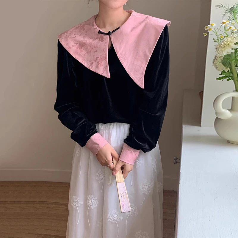 

Chic Velvet irt with Embroidery Cotton Linen Skirt Set Chinese Sle Doll Collar Button Spring New Arrivals Women's Faion