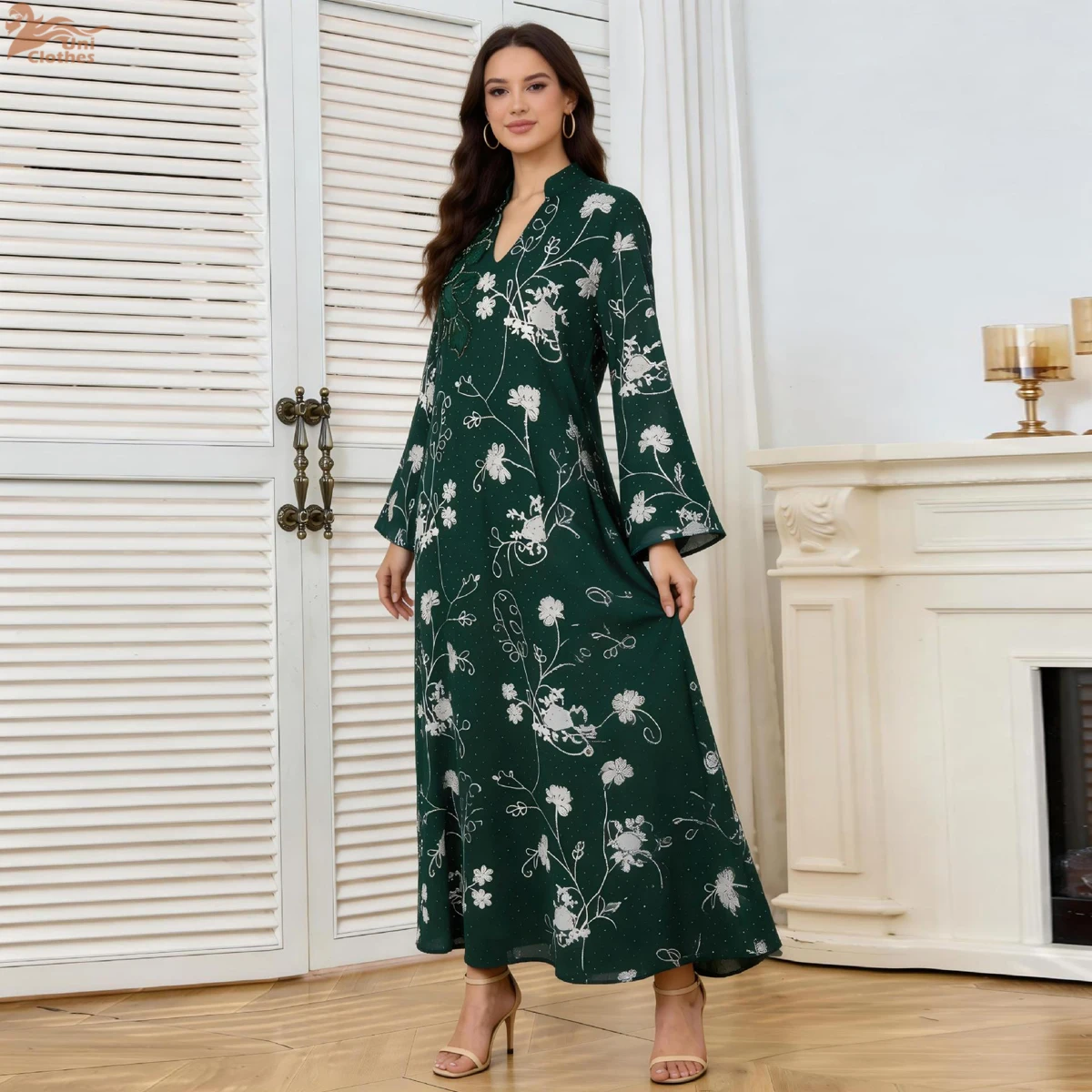 

Zahraa Ramadan Dubai Luxury Embroidery Woman Evening Dress Moroccan Mesh Sleeve Maxi Abaya Muslim Rhinestone Kaftan