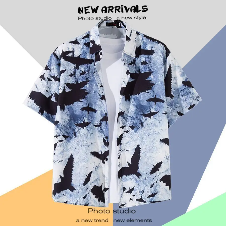 Hawaiian Short Sleeved Shirt Vintage Loose Fitting Couple Beach Beach Ins Shirt Without Lining Only Single Piece Shirt Top
