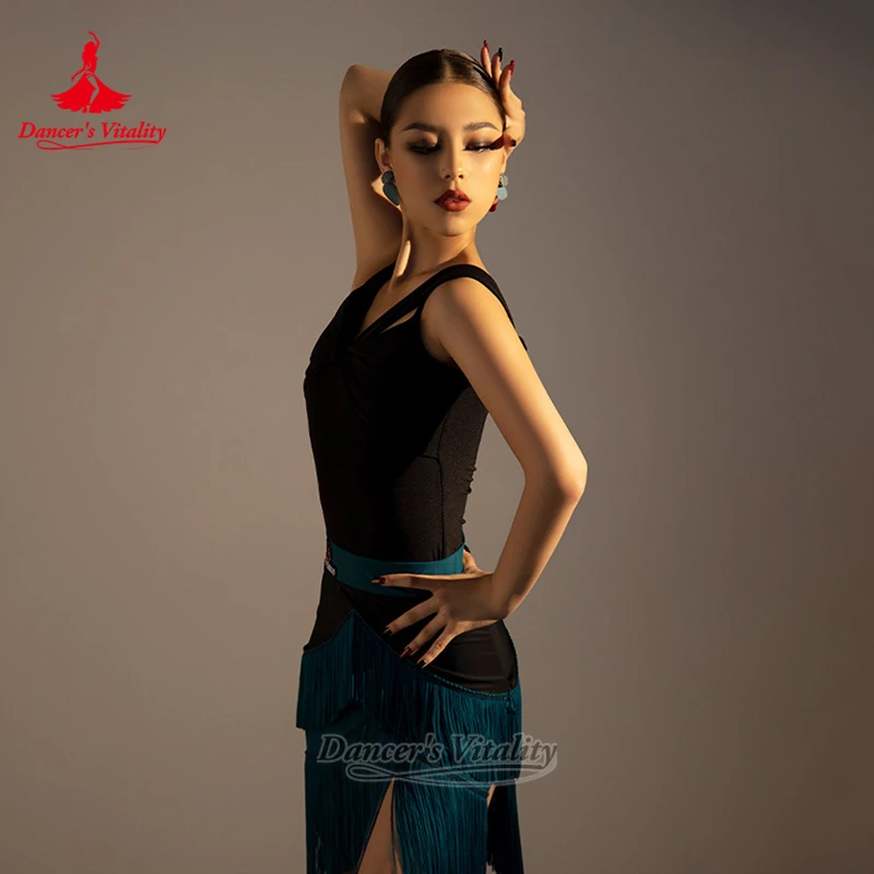 2-Tone Matching Dew Shoulder Bodysuit+Tassels Skirt Practise&Perform Latin Dance Set Teenagers Chacha Clothing Dancer's Vitality