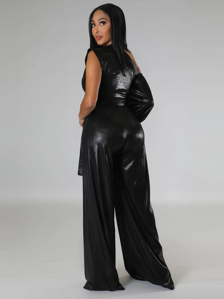 2024 New Luxury Wide Leg Pants Sexy Black Women\'s Loose Shoulder Sleeves High Waist Jumpsuit Fashion Club Evening Dress Clothing