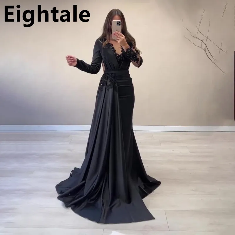 Vestidos de Noche formales de sirena negra personalizados, vestidos de noche de manga larga con cuentas, vestidos de fiesta elegantes turcos personalizados