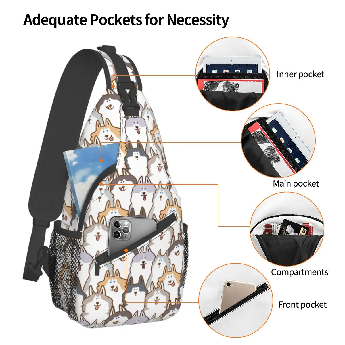 Schattige Cartoon Siberische Husky Hond Sling Tassen Borst Crossbody Schouder Sling Rugzak Outdoor Wandelen Dagrugzakken Mannen Vrouwen Pack