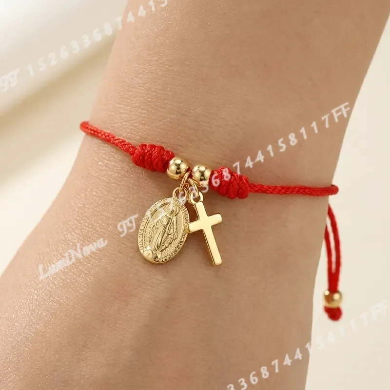 1pc Women Fashion Bracelet Red Braided Cord with Cross and Virgin Mary Pendant Simple Faith Inspired Style Daily Wear Gift