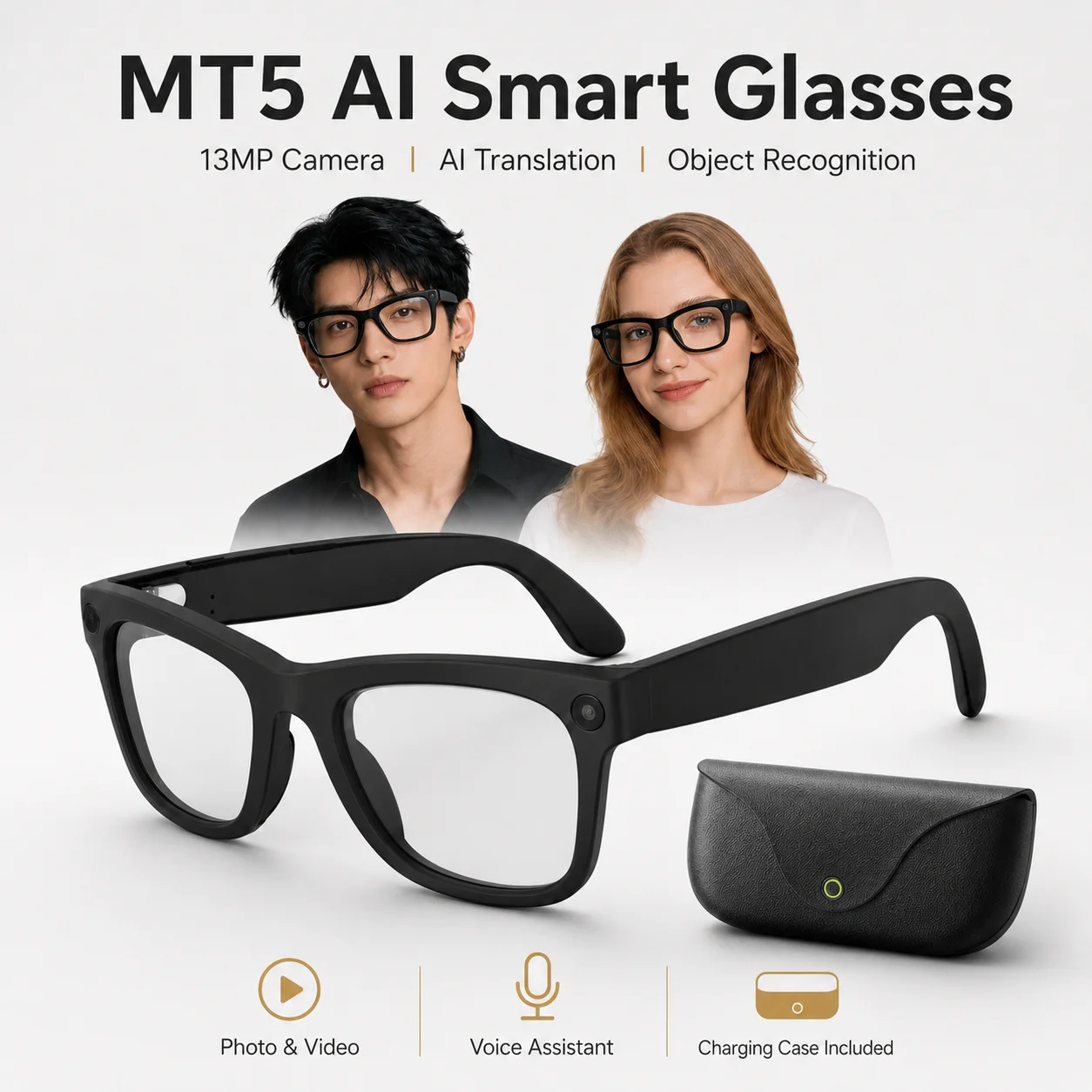 13MP HD POV Smart Glasses WiFi Video Recording Audio Eyewear Real Time Translation AI Assistant Charging Case