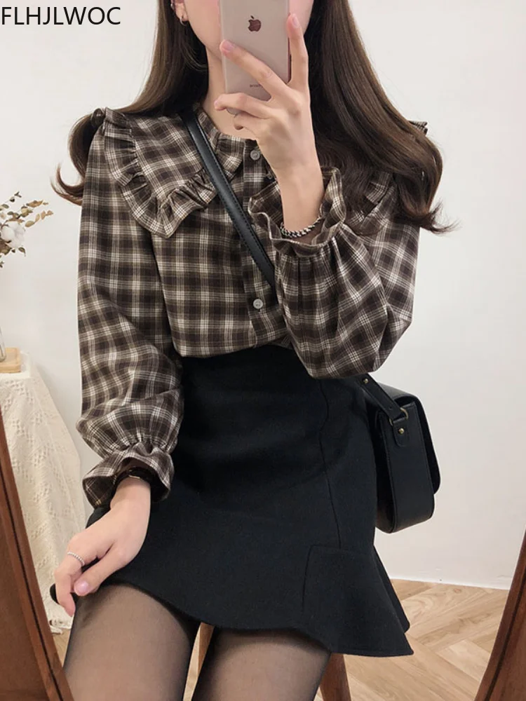 2022 Cotton Blends Basic Shirts Blouses Women Japan Preppy Style Design Ruffled Tops Ruffled Peter Pan Collar Plaid Button Shirt